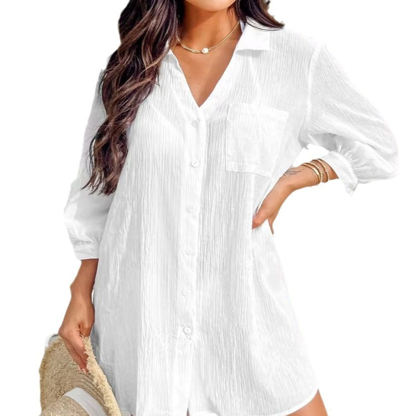 Solid Color Casual Vacation Style Seersucker Lace-up Cuff Blouse Dress