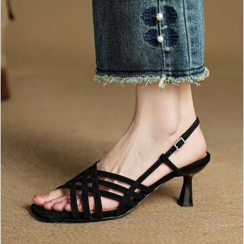 Retro Soft Leather Thin Cross Straps High Heel Sandals