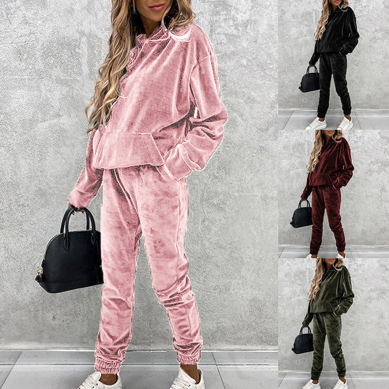 Solid Color Hooded Sports Casual Silver Fox Velvet Suit For Women