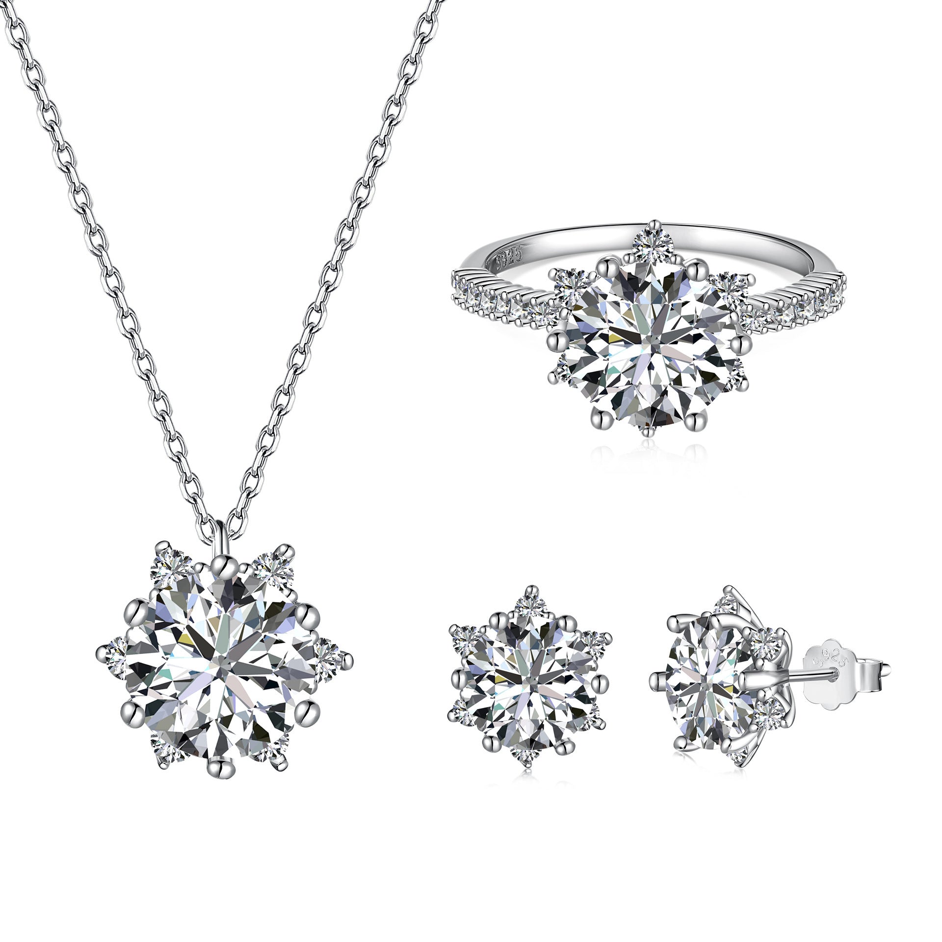Set S925 Sterling Silver Ornament Snowflake Zircon Ring Light Luxury Clavicle Chain  Earrings