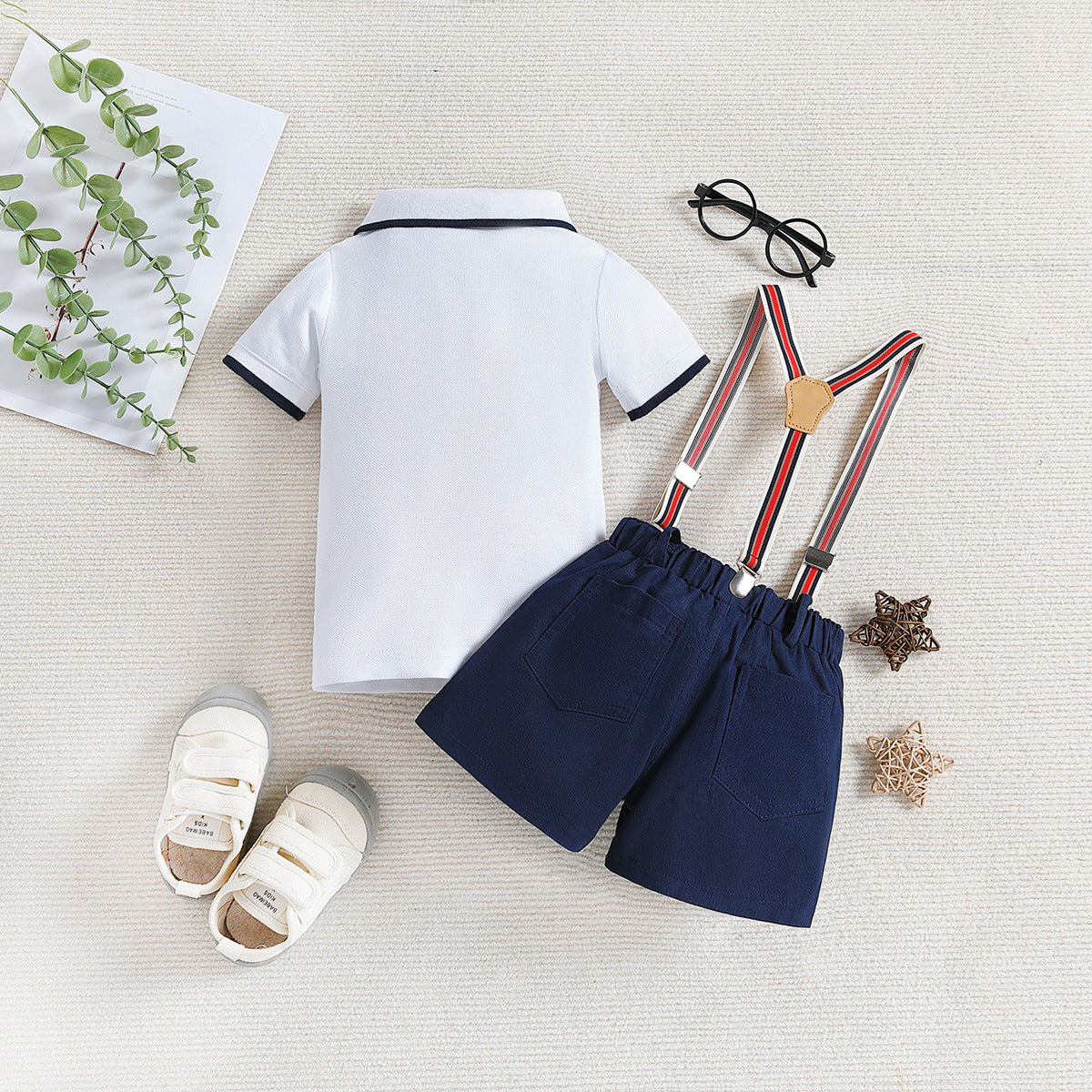Children's Summer Clothing Polo Collar Top Suspender Shorts