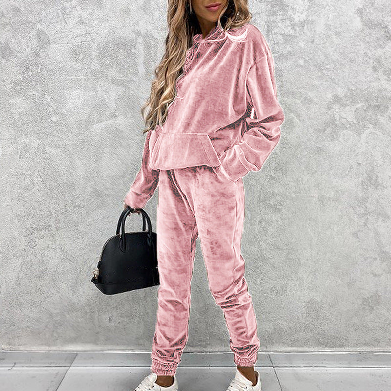 Solid Color Hooded Sports Casual Silver Fox Velvet Suit For Women