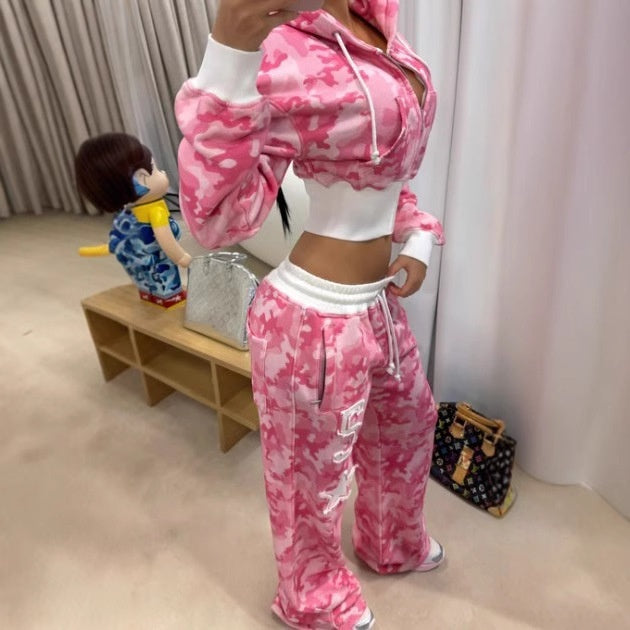 Women's Camouflage Cardigan Long Sleeve Pants Suit