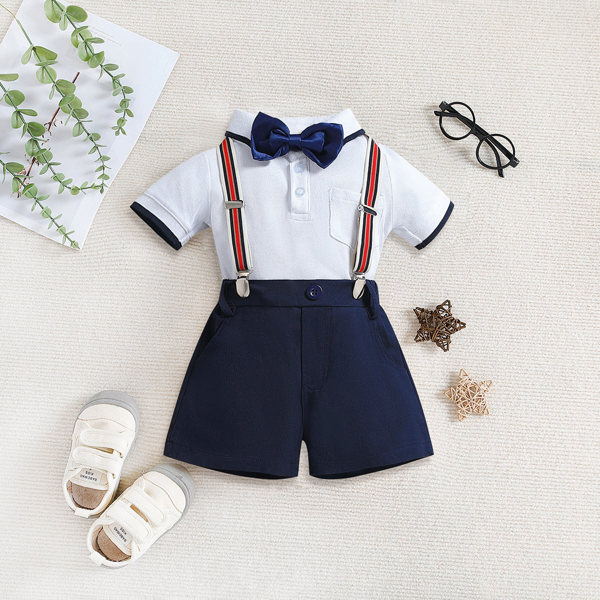 Children's Summer Clothing Polo Collar Top Suspender Shorts