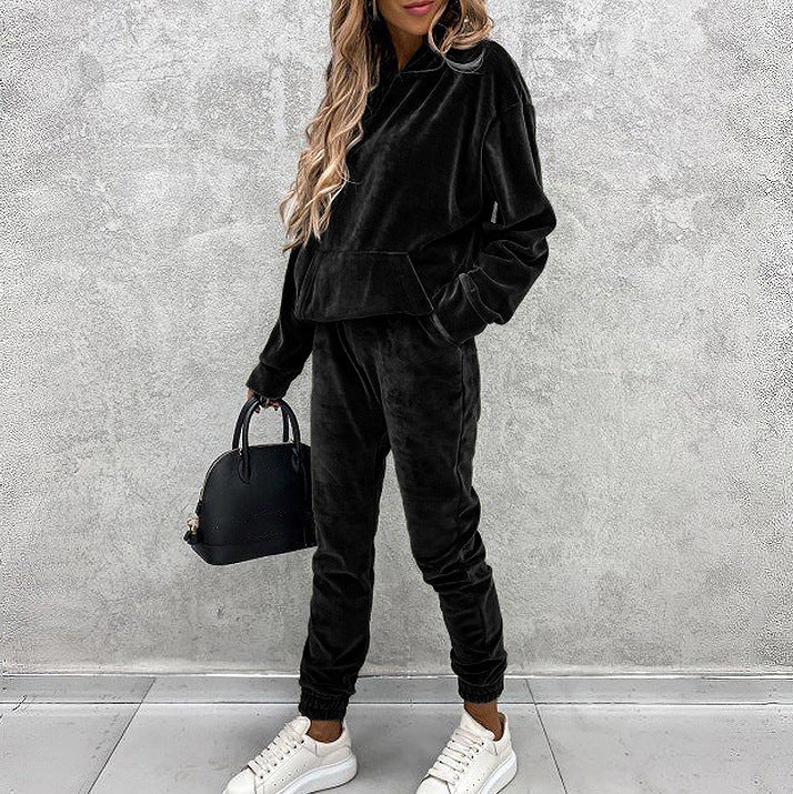 Solid Color Hooded Sports Casual Silver Fox Velvet Suit For Women