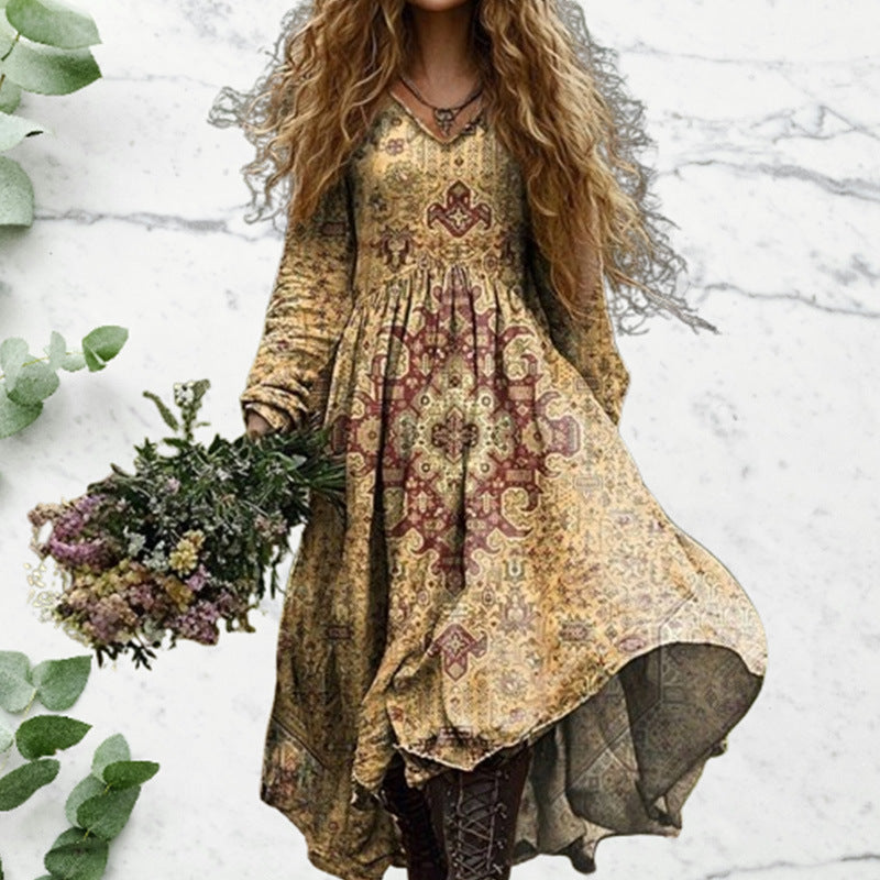 Ethnic Pattern V-neck Pocket Dress