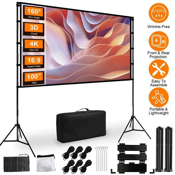 100inch/120inch Options Projector Screen With Stand 16:9 4K HD Rear Front Wrinkle-Free Portable And Foldable Movie Screen With Carry Bag For Indoor Outdoor Home Theater Backyard Cinema