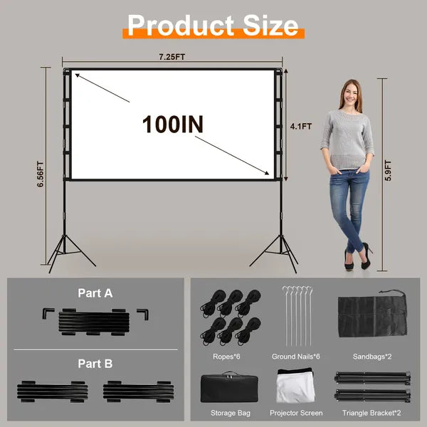 100inch/120inch Options Projector Screen With Stand 16:9 4K HD Rear Front Wrinkle-Free Portable And Foldable Movie Screen With Carry Bag For Indoor Outdoor Home Theater Backyard Cinema