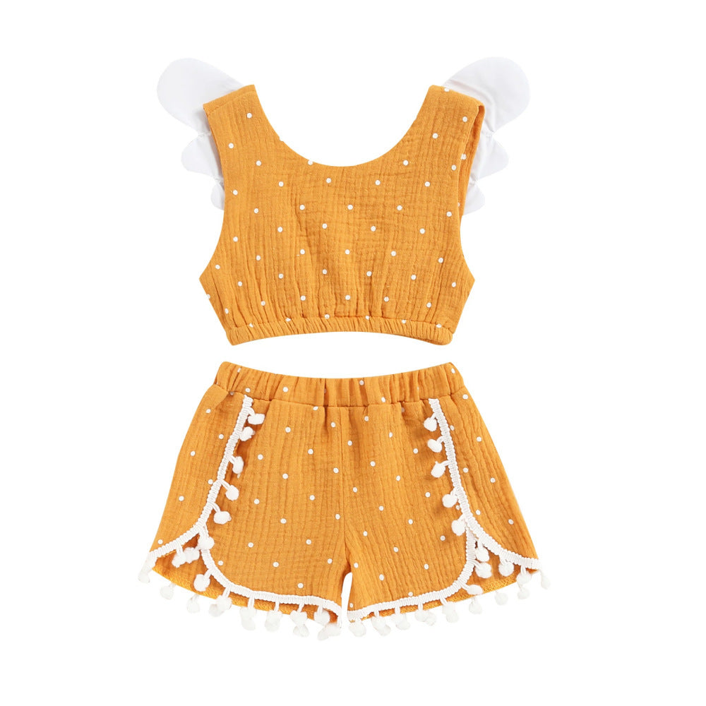 Girls Baby Cotton Linen Polka Dot Vest Shorts Suit European And American Style Children's Clothing