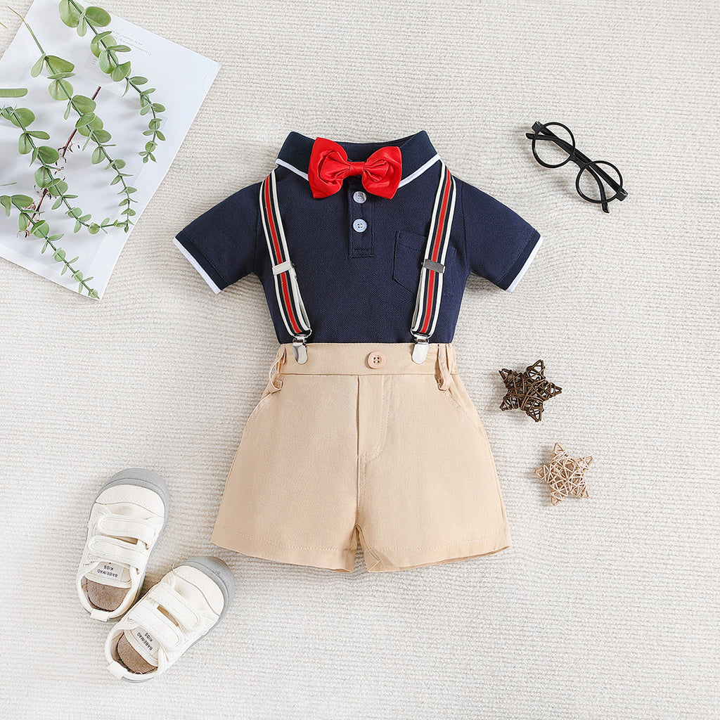 Children's Summer Clothing Polo Collar Top Suspender Shorts
