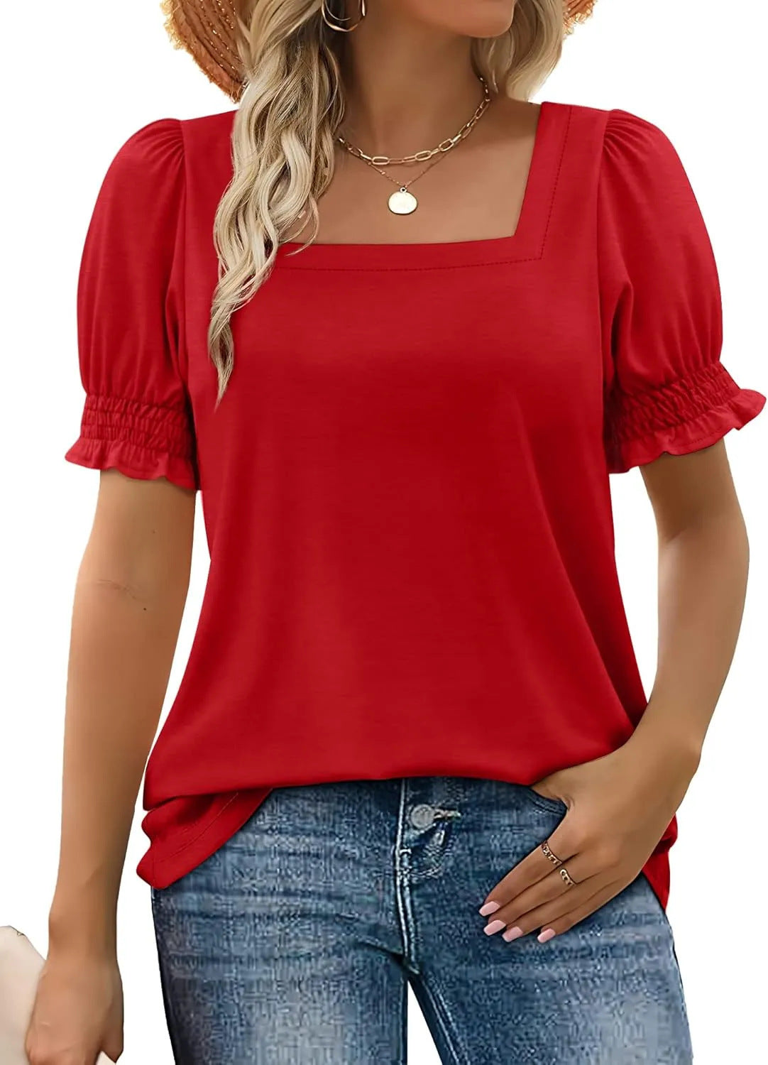 Spring And Summer New Fashion Simple U-neck Petal Sleeve Loose T-shirt