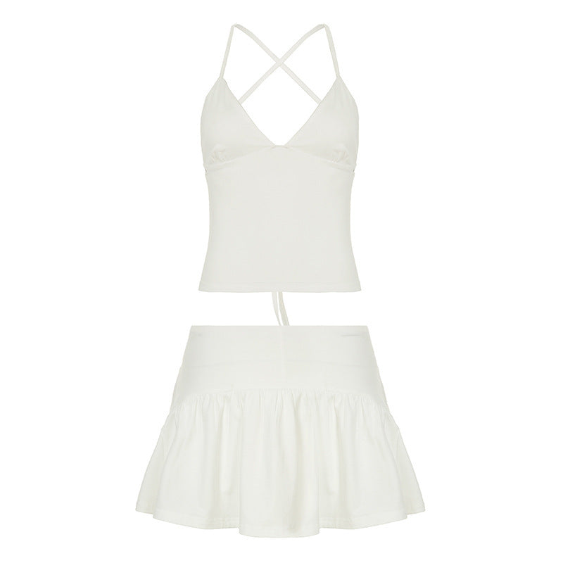 Solid Color And V-neck Hollow Out Strap Short Exercise Skirt Suit