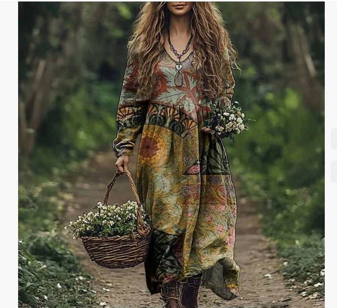 Ethnic Pattern V-neck Pocket Dress