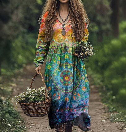 Ethnic Pattern V-neck Pocket Dress