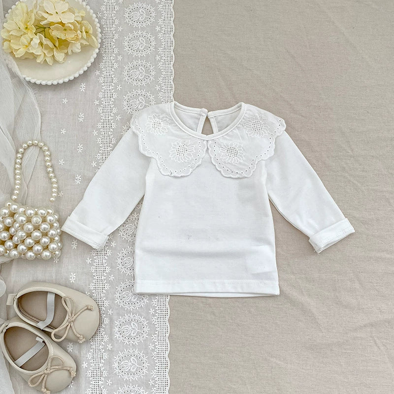 Autumn Arrival Baby Unisex Casual Thin White Long Sleeves Top with Flowers Pattern Collar