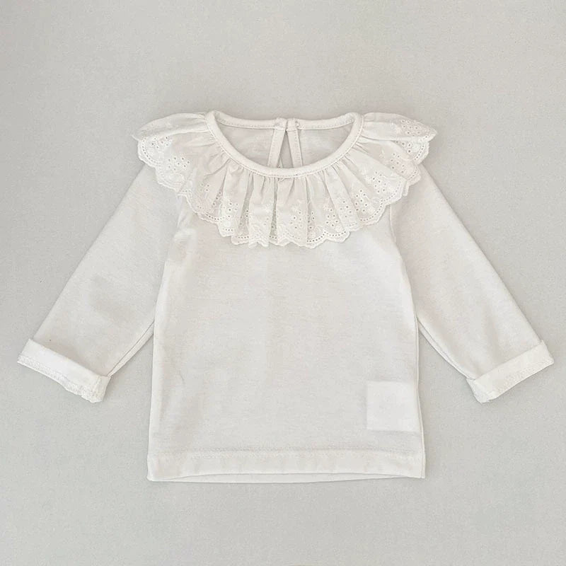 Autumn Arrival Baby Unisex Casual Thin White Long Sleeves Top with Flowers Pattern Collar