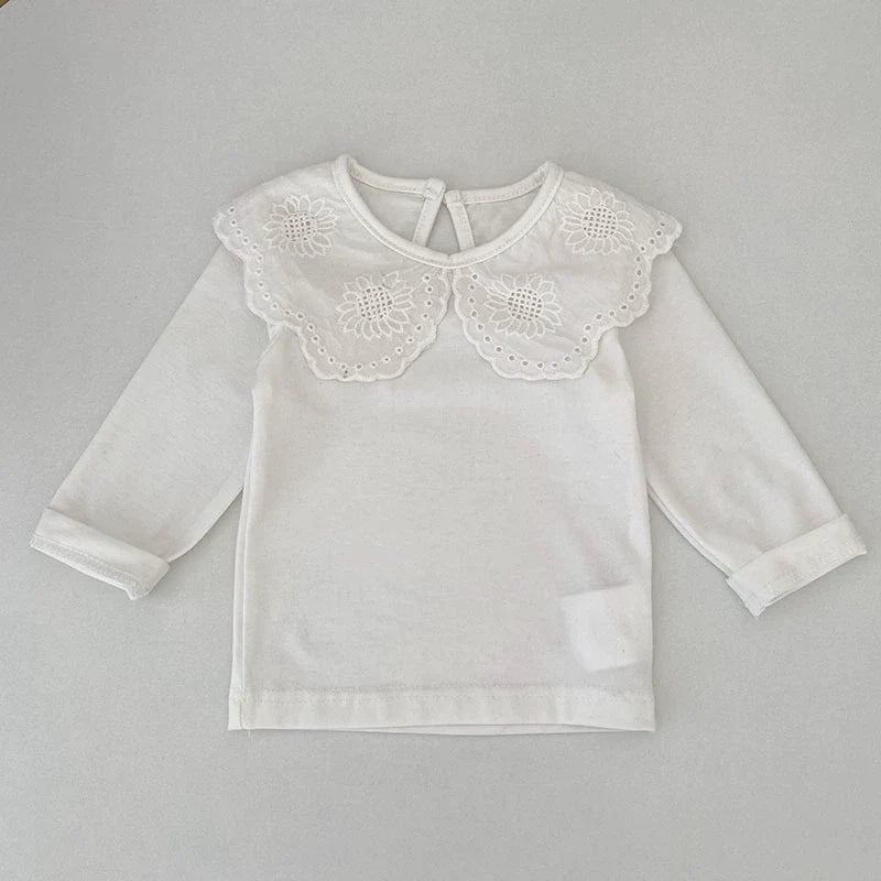 Autumn Arrival Baby Unisex Casual Thin White Long Sleeves Top with Flowers Pattern Collar