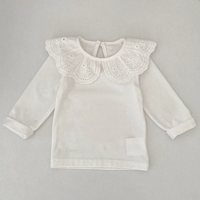 Autumn Arrival Baby Unisex Casual Thin White Long Sleeves Top with Flowers Pattern Collar